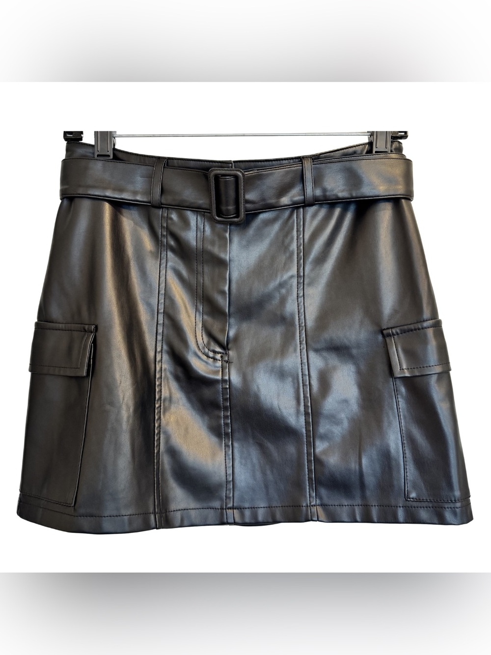 Forever 21 Black Faux Leather Mini Skirt Cargo Pockets Belted Y2K Small